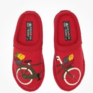HAFLINGER Women’s AR Bicycle Red Boiled Wool Slippers with Soft Bottom | Size 39